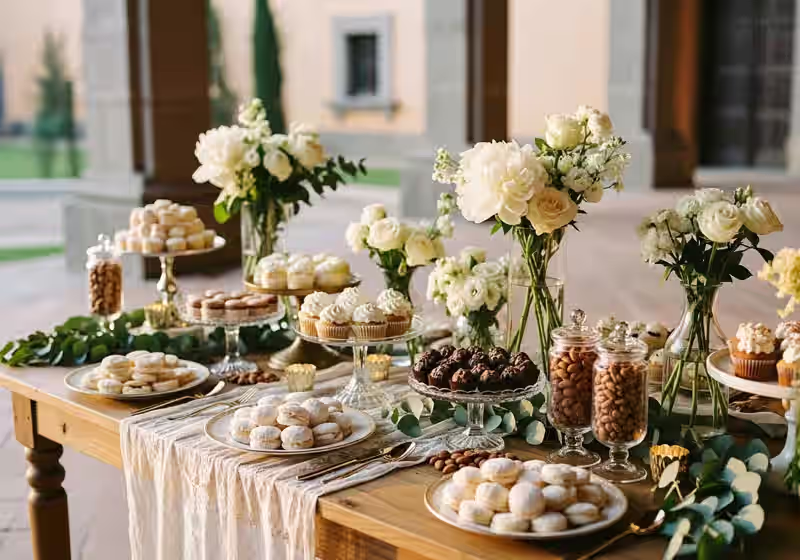 Mesa de dulces premium con iluminación cálida, flores frescas y piezas de cristal en jardín nocturno