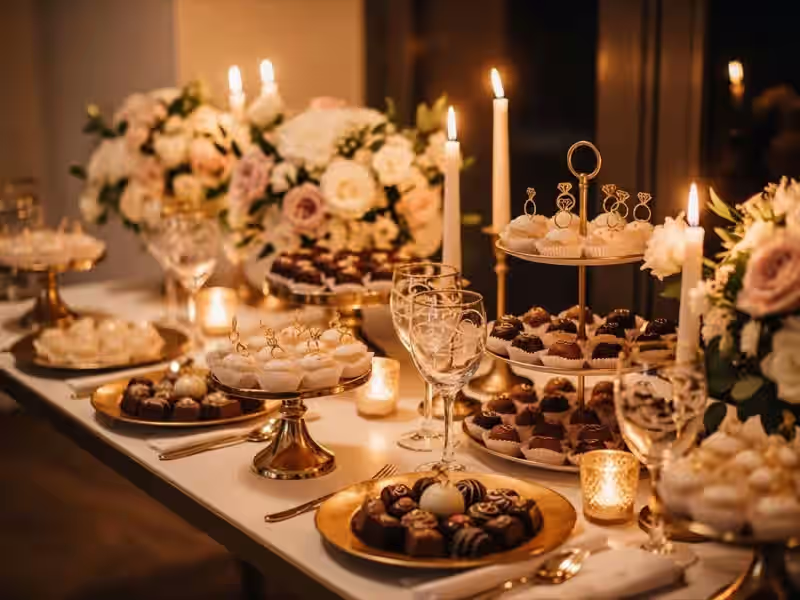 Mesa de dulces con composición vertical, cristalería elegante y paleta dorada en montaje premium