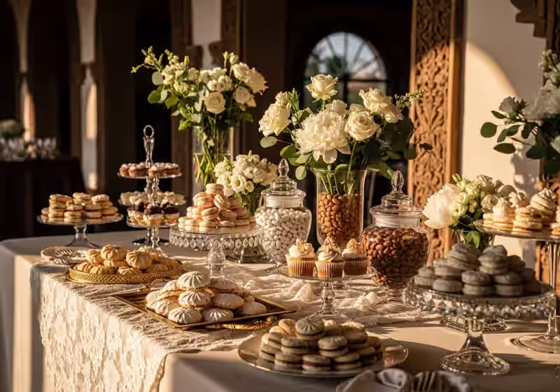 Mesa de dulces premium para boda elegante con macarons artesanales, cristaleria y composicion editorial en venue de Metepec