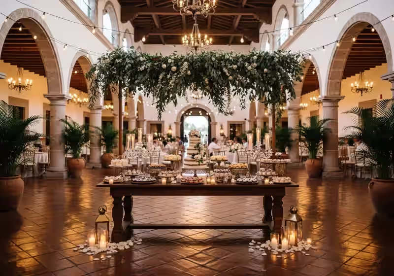 Mesa de dulces para boda en hacienda colonial del Valle de Toluca con paleta calida y montaje artesanal