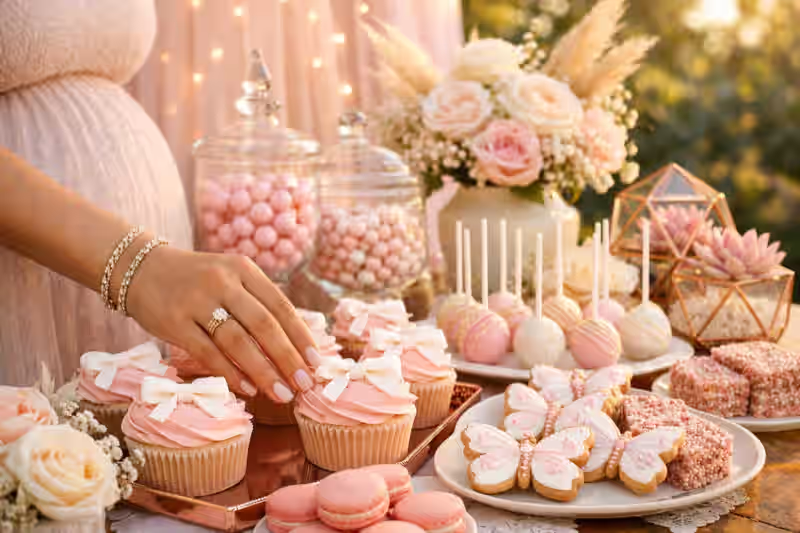 Mesa de dulces para boda en jardin con flores naturales y montaje editorial